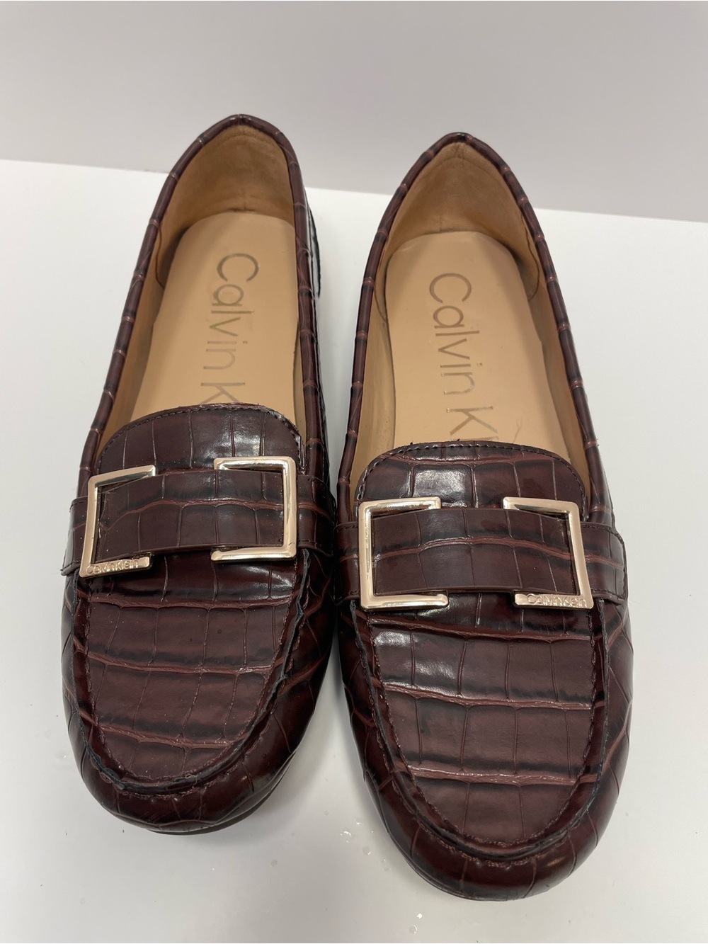 Calvin Klein Women's Brown Croc-Embossed Driving Loafers with Buckle
